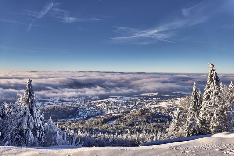 Von einer Loipe aus blickt man herab auf das verschneite Bodenmais, das im Sonnenlicht erstrahlt. Hinter Bodenmais liegt Nebel im Tal. | © Bodenmais Tourismus & Marketing GmbH